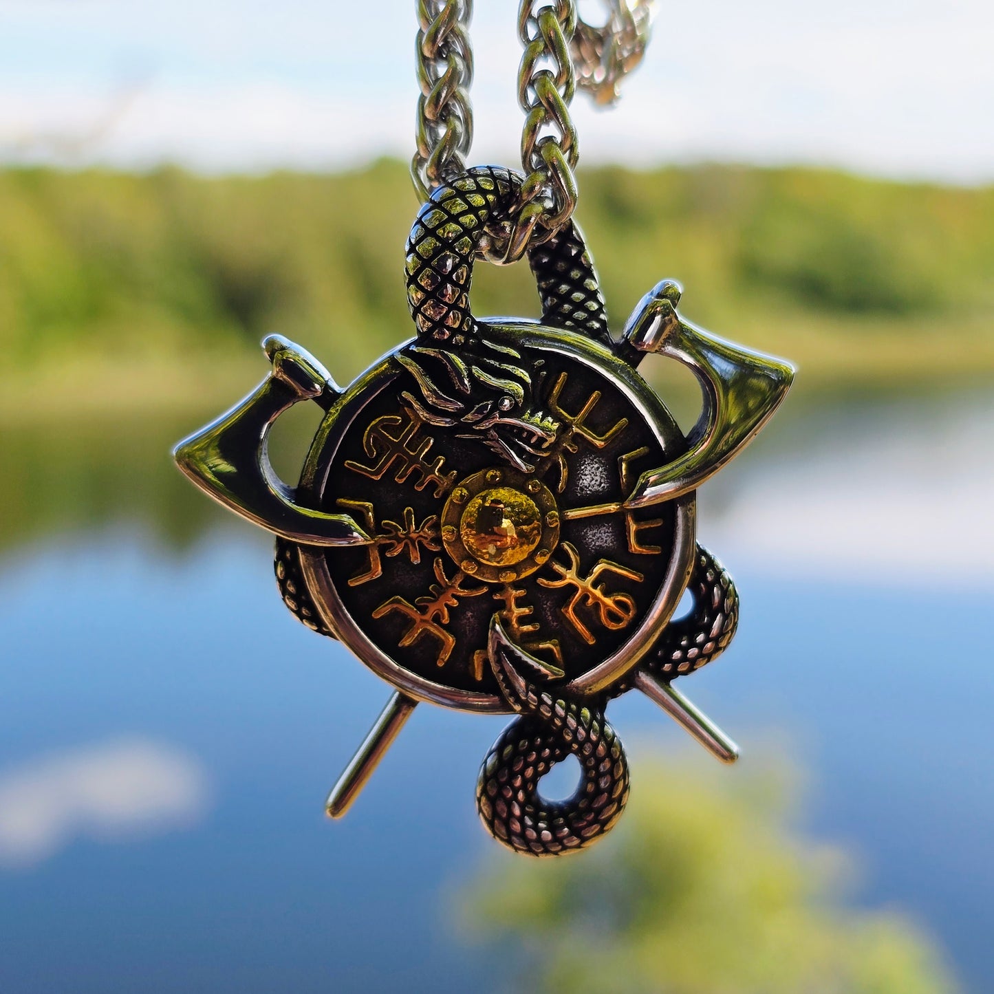 Necklace Viking Vegvísir Protection Amulet - Dual Tone
