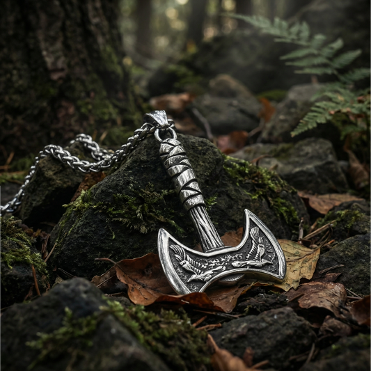 Necklace Viking Raven Axe - Silver