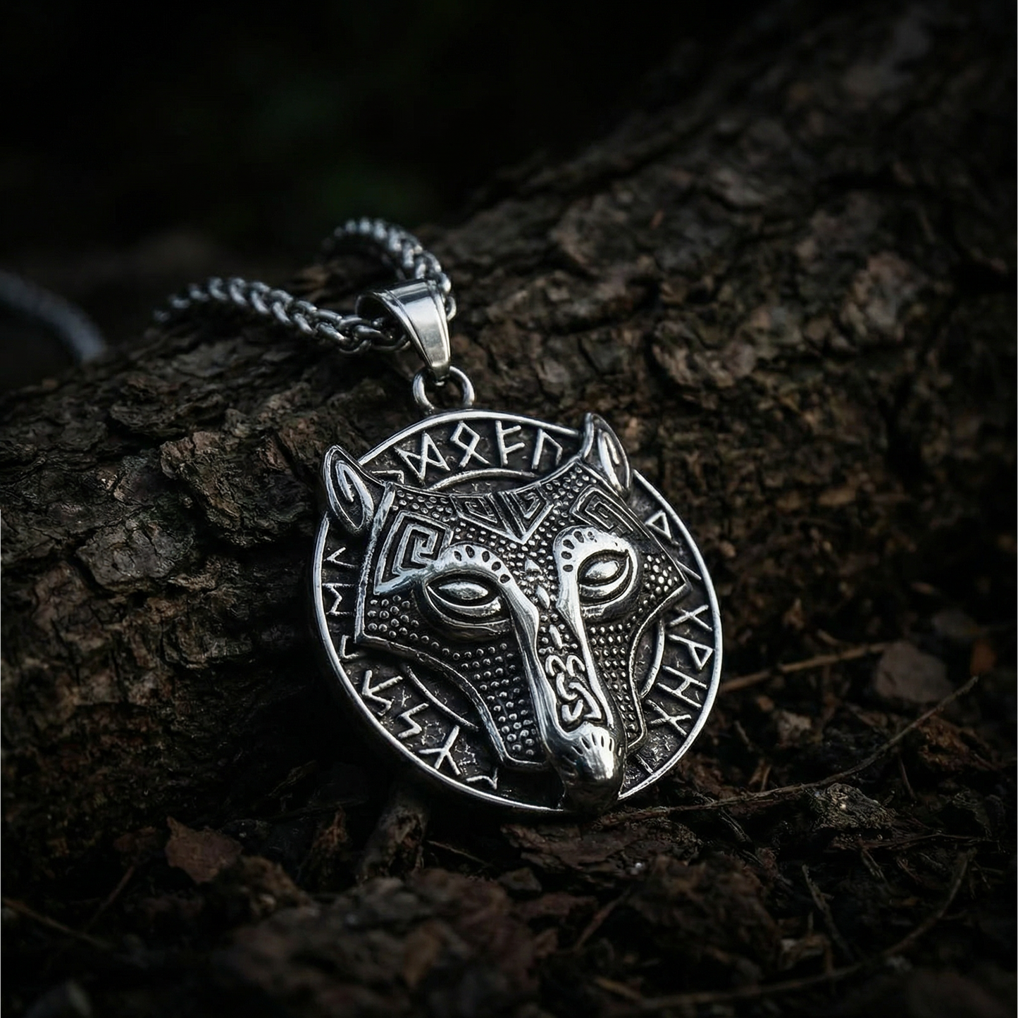 Halskette mit Runenwolfsmaske – Silber