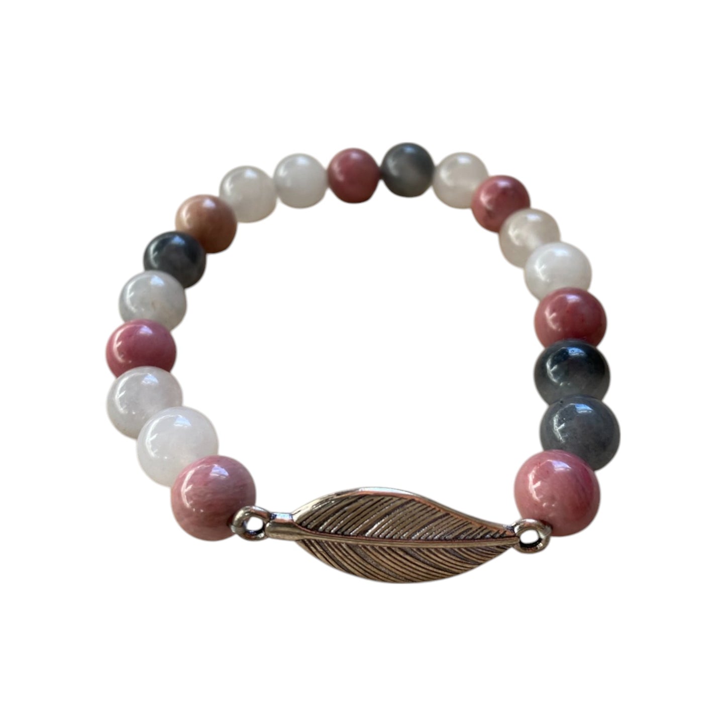 Armband aus Rhodonit und grauem Quarz mit Federanhänger