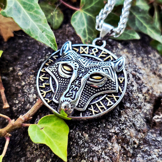 Necklace Runic Wolf Mask - Dual Tone
